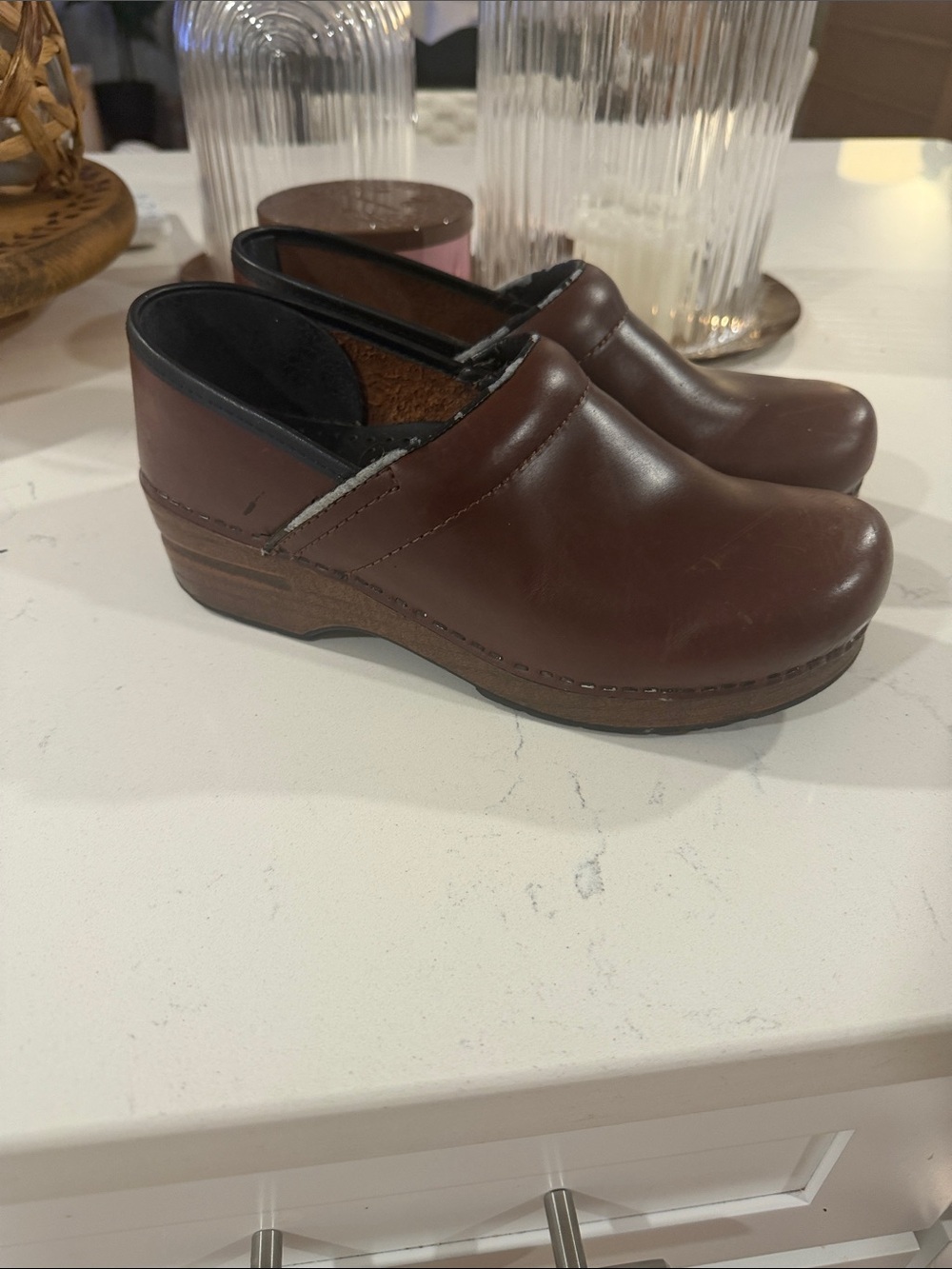 Dansko Brown Leather Clogs with Low Wood-Look Heel